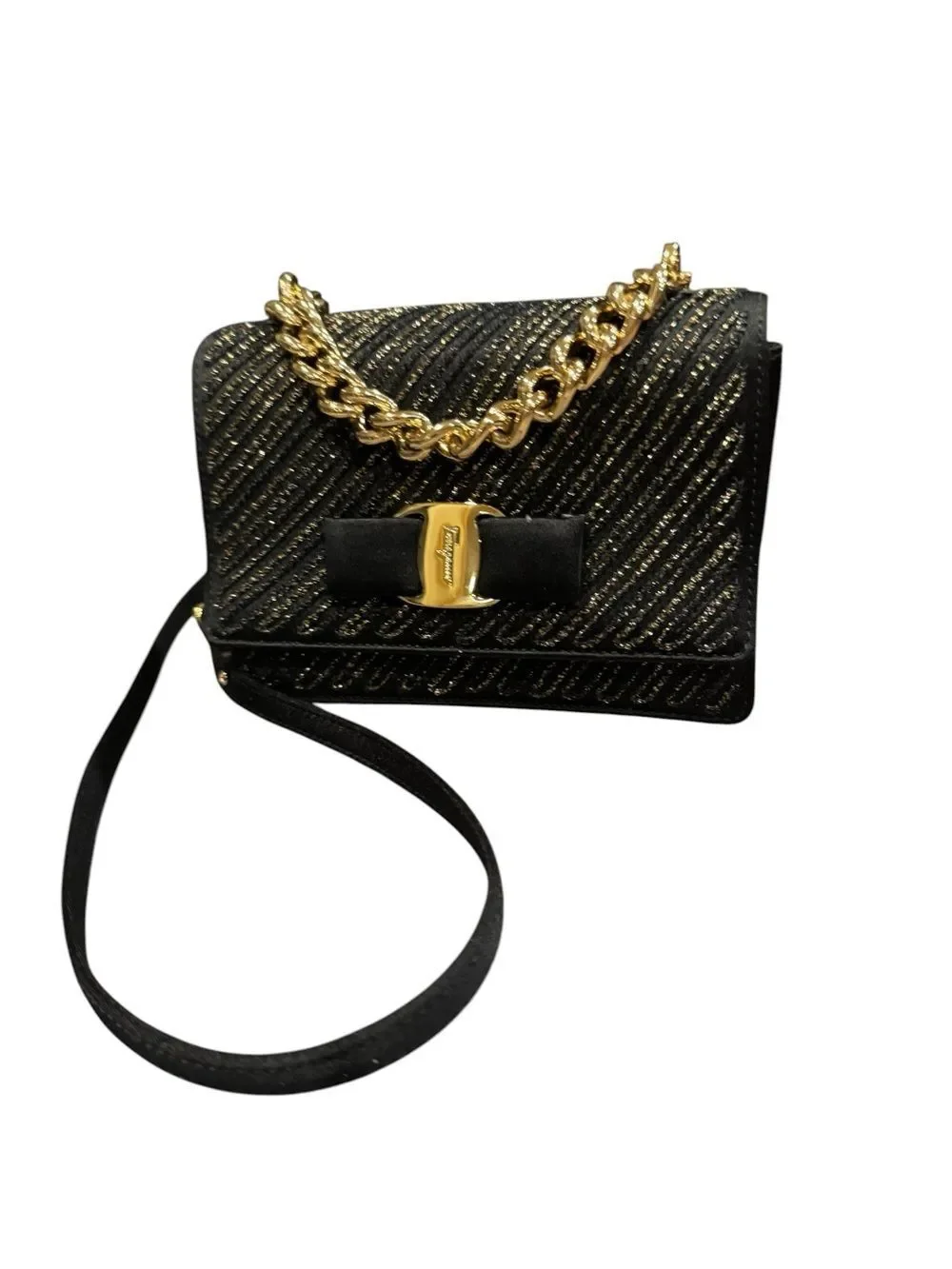 Salvatore Ferragamo Black & Gold Glitter 2way Vara Bow Ginny Crossbody Bag Auth